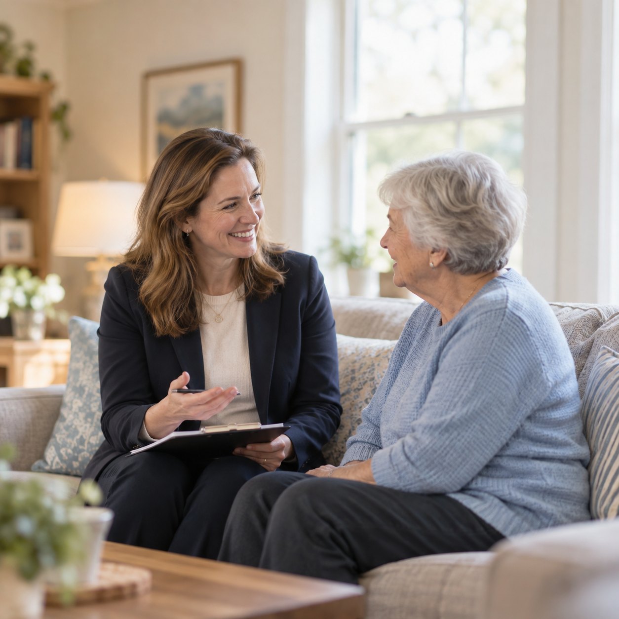 A care manager with a clipboard, smiling and talking with an older client on her living room couch