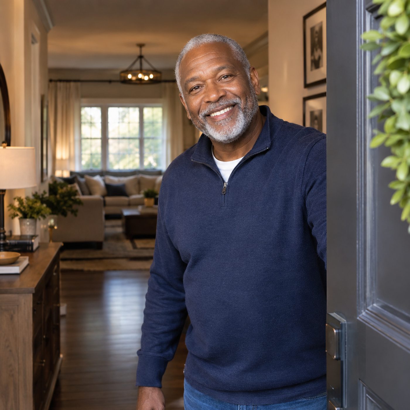 A smiling older man opening his front door to welcome a visitor