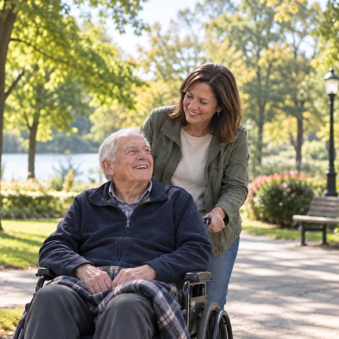 A smiling older man in a wheelchair out in the park, looking up at the woman walking with him